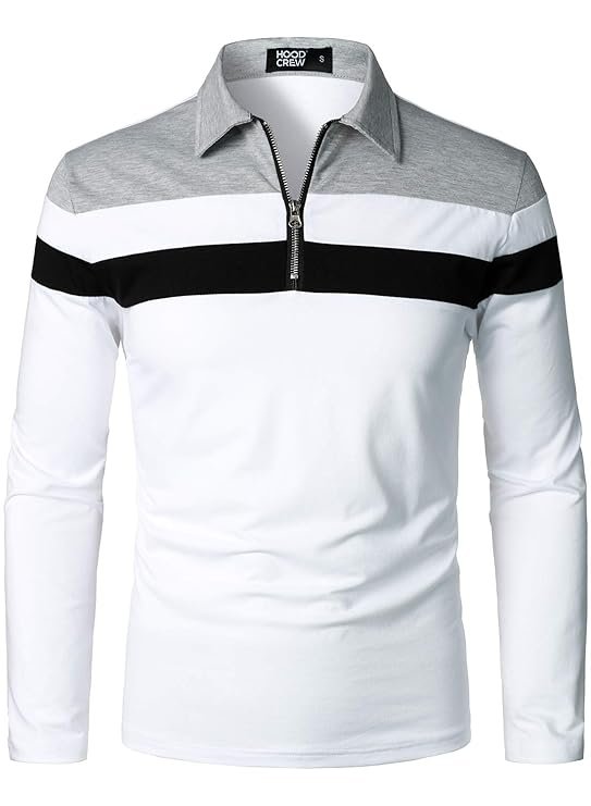 HOOD CREW Men’s Long Sleeve Polo Shirt Casual Slim Fit Shirts Contrast Color Patchwork T Shirts Cotton Tops