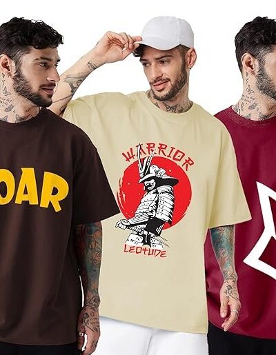 LEOTUDE Men's Cotton Regular Fit Half Sleeve Oversized Tshirt, Round Neck Longline Drop Shoulder | ful Printed Combo T-Shirt