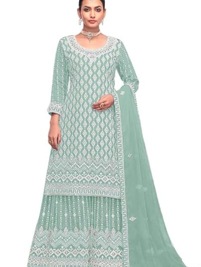 SHAZIYA Designer Embroidered Georgette Sharara Suit for Women Ethnic Indian Dress with Dupatta Elegant Traditional Salwar Suit Set for Weddings
