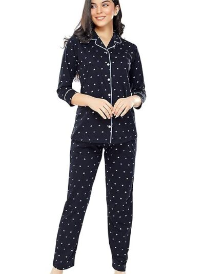 ZEYO Women's Cotton Heart Printed Night Suit set of Shirt & Pajama