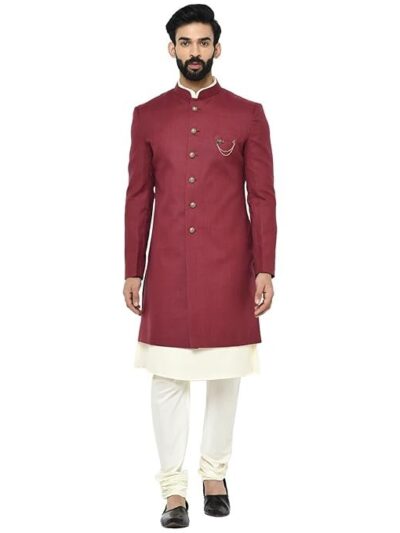 KISAH Men Maroon Solid Kurta Indo-Western Sherwani Set Indo-Western, Full Sleaves, Knee Length, Straight, Regular Fit, Mandarin Collar Ethnic wear