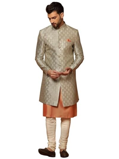 KISAH Men's Grey and Orange Indo-Western Kurta Sherwani Churidar Set Cotton Full Sleaves, Knee Length, Straight, Regular Fit, Mandarin Collar Ethnic Wear
