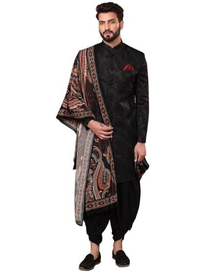 KISAH Indowestern Men's Ethnic Wear Silk Blend Woven Design Regular Fit Black Indo-Western Sherwani Set Indo-Western
